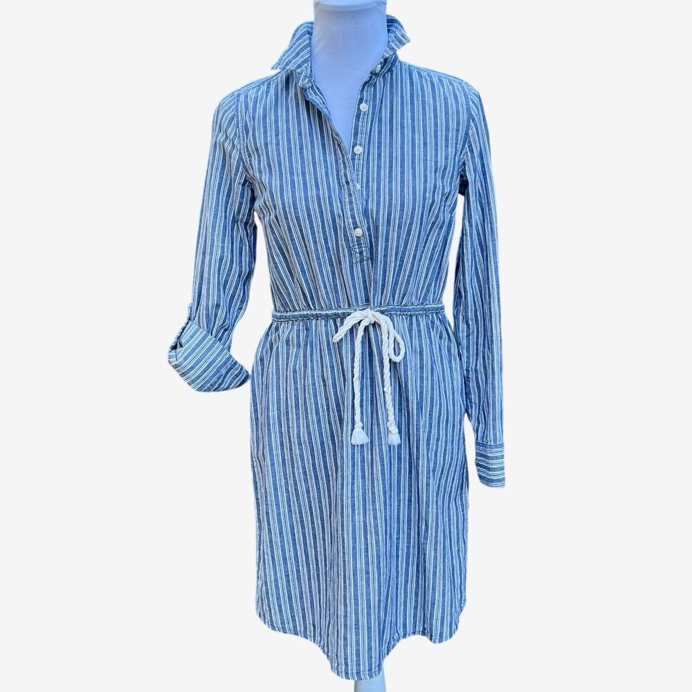Tommy Hilfiger womens shirt dress blue white stripes long sleeve rope belt S